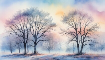 Soft hues blend in the sky as bare tree silhouettes stand tall in a serene landscape, capturing the calmness of a winter dawn filled with pastel colors.