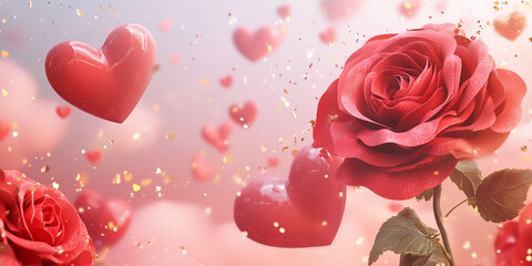 Valentine's Day banner with roses, hearts on pink-red gradient with gold glitter. Surreal...