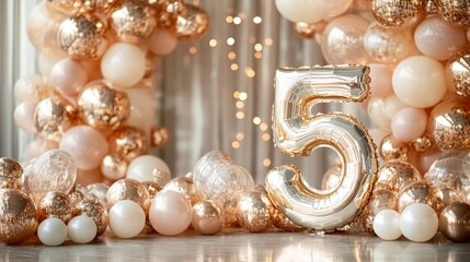 A large number 5 is floating in the air above a room full of balloons. The balloons are scattered all over the floor, creating a festive and celebratory atmosphere