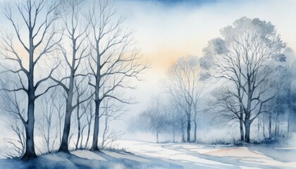Naklejka premium Watercolor illustration captures the elegant silhouettes of bare trees against a soft, misty background just before dawn, evoking a sense of calm and peace in nature.