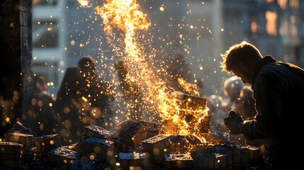 Blacksmith working fire, sparks fly, city background, craft demonstration