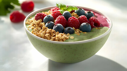 A colorful smoothie bowl topped with fresh berries and granola, placed on a clean white table under bright natural light