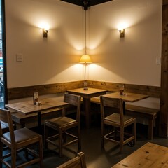 Cozy corner cafe interior with warm lighting and rustic wooden furniture