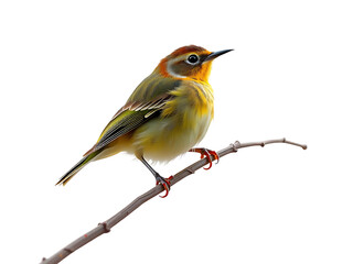 Fototapeta premium Acadian Flycatcher perched gracefully on a seamless white background, showcasing its olive-green plumage, distinctive yellow underparts, and subtle eye-ring, embodying the essence of avian beauty.