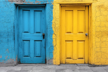 Vivid contrast of blue and yellow doors on a textured wall