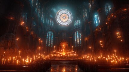 The interior of an ornate gothic church is illuminated by candles and stained glass windows.