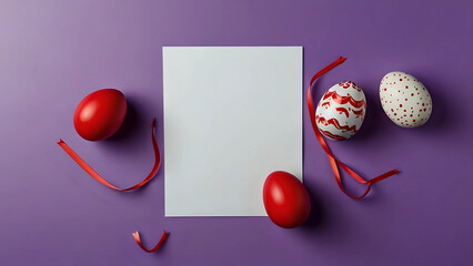 Easter banner with a blank sheet of paper and Easter red and white eggs on a bright purple background.