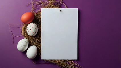 Easter banner with a blank sheet of paper and Easter red and white eggs on a bright purple background.