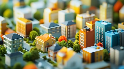 Colorful Miniature Cityscape Model Buildings Homes Trees