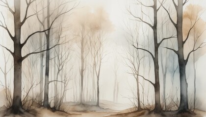 Bare trees stand tall in a foggy environment, their silhouettes merging with soft hues of brown and gray, evoking the tranquility of a winter day in a serene forest.