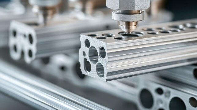 Close-up of precision machined aluminum parts being fabricated, showcasing intricate details, Ideal for use in manufacturing, engineering, or technology-related presentations and articles,
