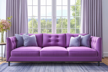 Elegant purple sofa in modern living room with large windows and pastel decor