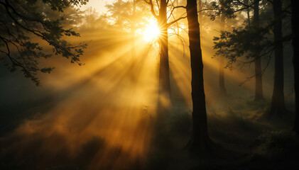 Sunlight through forest trees, creating a serene and mysterious atmosphere