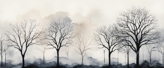 Obraz premium Intricate watercolor artwork presents bare tree silhouettes emerging from a foggy landscape, creating an ethereal atmosphere as twilight sets in, evoking a sense of calm and solitude.