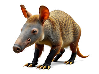Aardvark with a long snout and large ears, showcasing its coarse, bristly fur and distinctive digging claws, posed gracefully against a seamless white background.