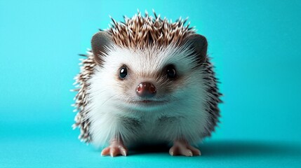 A small hedgehog with white and brown spines, standing on its feet, looking at the camera.