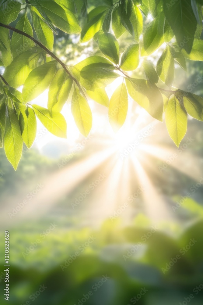 Poster rays of sunshine weave through green leaves creating a serene atmosphere of warmth and joy in a tran