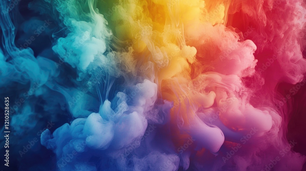 Poster a dynamic image of rainbow-colored smoke plumes emerging from a single source, with each color blend