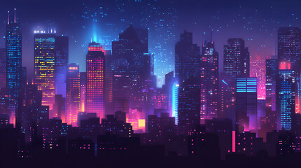 Obraz premium A bustling smart city skyline at night with glowing neon lights illuminating the cityscape, creating a mesmerizing spectacle of urban life