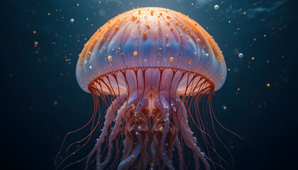 Orange jellyfish underwater with glowing tentacles.