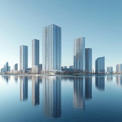 Fototapeta premium 3D rendering of modern city buildings on the water, with a clear blue sky background