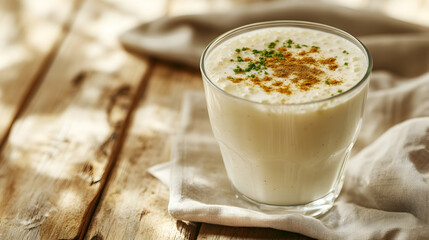 A frothy glass of buttermilk garnished with a sprinkle of cumin and coriander, placed on a wooden table with a light napkin