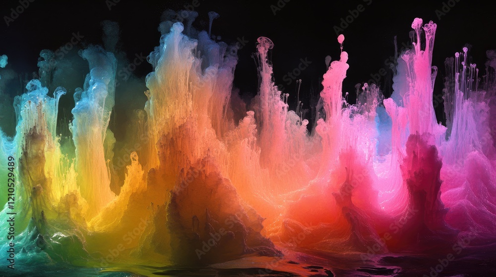Poster a dynamic image of rainbow-colored smoke plumes emerging from a single source, with each color blend