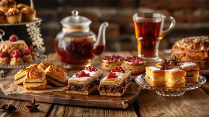 Fototapeta premium Cakes with berry jam and a cup of tea on wooden background