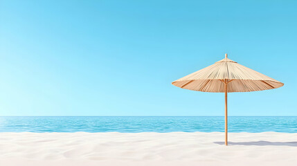 Beach umbrella on sandy shore, clear sky; summer vacation travel banner