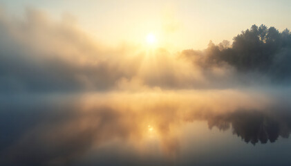 Fototapeta premium a mesmerizing shot of the sunrise over a misty lake, the sun's golden rays illuminating the water and creating a serene atmosphere. The trees on the horizon add to the peaceful scene