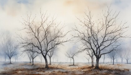 Bare tree silhouettes stand against a soft watercolor background, portraying a tranquil winter landscape. The muted tones reflect the quiet beauty of nature at dusk.