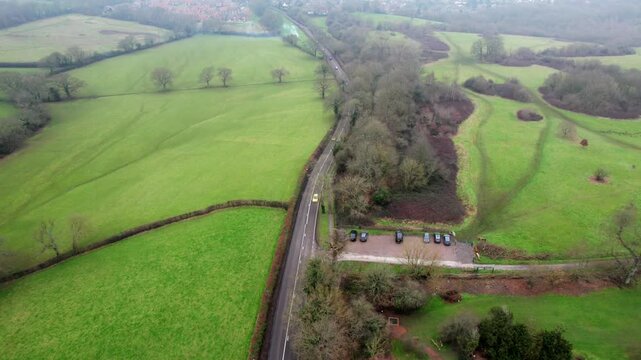 Aerial view of the Farnham Park and Dora's Green, Farnham, Surrey, England. Misty Winter day