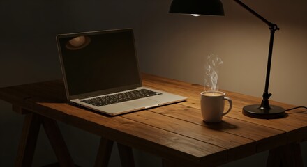 Cozy workspace with laptop and steaming coffee mug under warm desk lamp lighting