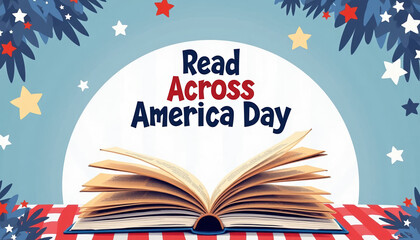 Festive banner design for National Read Across America Day featuring an open book with vibrant stars and stripes, promoting literacy and community engagement.