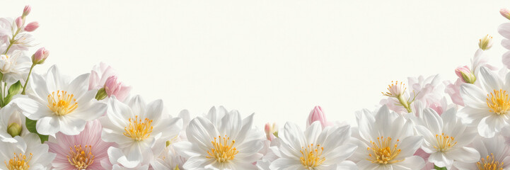 Spring flowers along the border frame an area of pristine white space. A banner with space for the text.