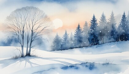 Fototapeta premium Bare tree silhouettes stand quietly in a snowy field, framed by a backdrop of evergreen trees under a colorful winter sunset with gentle hues of blue and peach.