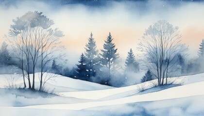 Fototapeta premium A tranquil winter landscape features delicate bare tree silhouettes against a soft twilight sky. Snow blankets the ground, creating a peaceful atmosphere of calm and solitude.