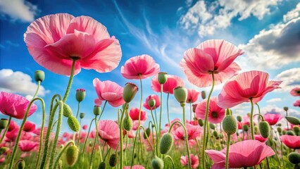 Fototapeta premium A stunning field of pink poppies swaying gently in the breeze against a clear blue sky with a few wispy clouds, flower field, field, outdoors, meadow, spring flowers