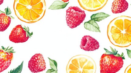 Naklejka premium Watercolor painting of strawberries, raspberries, and orange slices on white background.