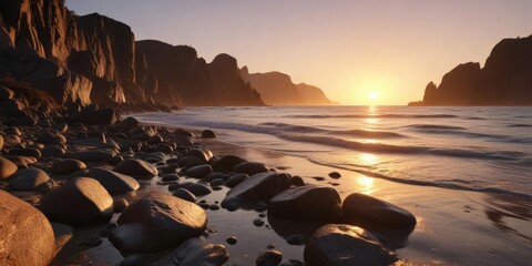 Obraz premium A stunning gradient of beige hues from light to dark on a rocky beach at sunrise, sunrise, gradient effect, landscape photography