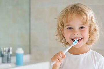 Teaching children proper dental hygiene habits while brushing teeth in a bright bathroom setting