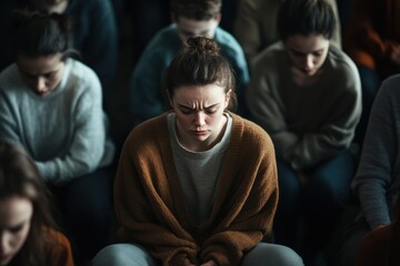 Fototapeta premium Feeling overwhelmed by the weight of approval while surrounded by peers in a tense moment of self-reflection and anxiety
