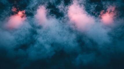 Obraz premium A landscape illustration shows swirls of smoke with pink highlights against a dark blue background