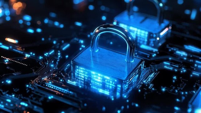 Futuristic cybersecurity locks in digital circuitry ongoing movement in blue themed environment