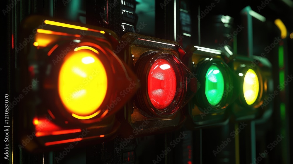 Poster a high-resolution image of a set of traffic lights with red, yellow, and green signals illuminated, 