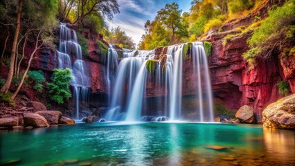 Obraz premium A stunning waterfall cascading down a rocky cliff into maroon waters creating a serene and peaceful atmosphere, water, natural wonder