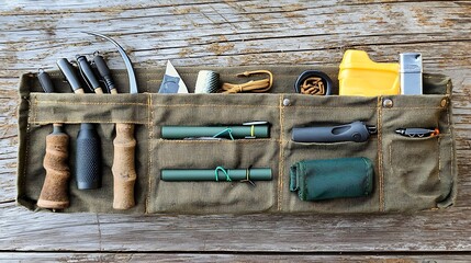 Outdoors survival kit tools on wood background