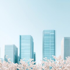 Obraz premium A clean, modern business cityscape with tall glass buildings, soft blue tones, professional atmosphere, under a bright clear sky, minimalistic and trustworthy vibe 