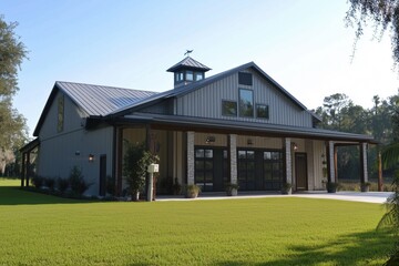 Obraz premium A modern Barndominium house style barn-style house with a metal roof, large windows, and a spacious lawn. The building features a cupola and is surrounded by trees.