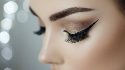 Naklejka premium A high-resolution image of a woman with expertly applied eyeshadow, eyeliner, and mascara, creating a dramatic eye look with a soft, elegant backdrop.